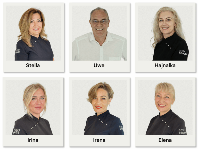 Das sechsköpfige Team von Easy Beauty Kosmetikstudio in Rielasingen-Worblingen: Stella, Uwe, Hajnalka, Irina, Irena und Elena, spezialisiert auf Permanent Make-up, Laser Haarentfernung und Kosmetikbehandlungen